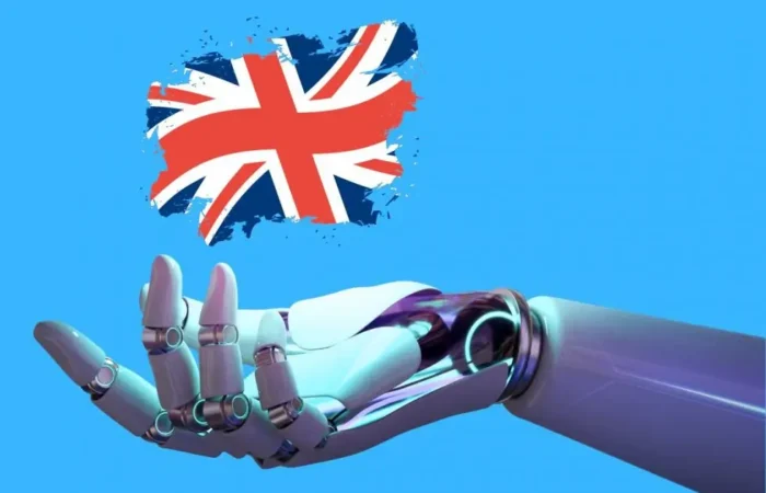 Robot y bandera simbolizando la mejor inteligencia artificial gratis para aprender inglés