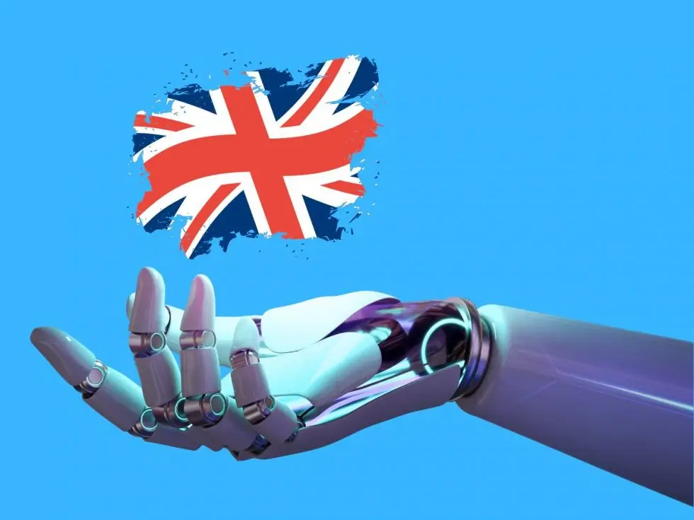 Robot y bandera simbolizando la mejor inteligencia artificial gratis para aprender inglés