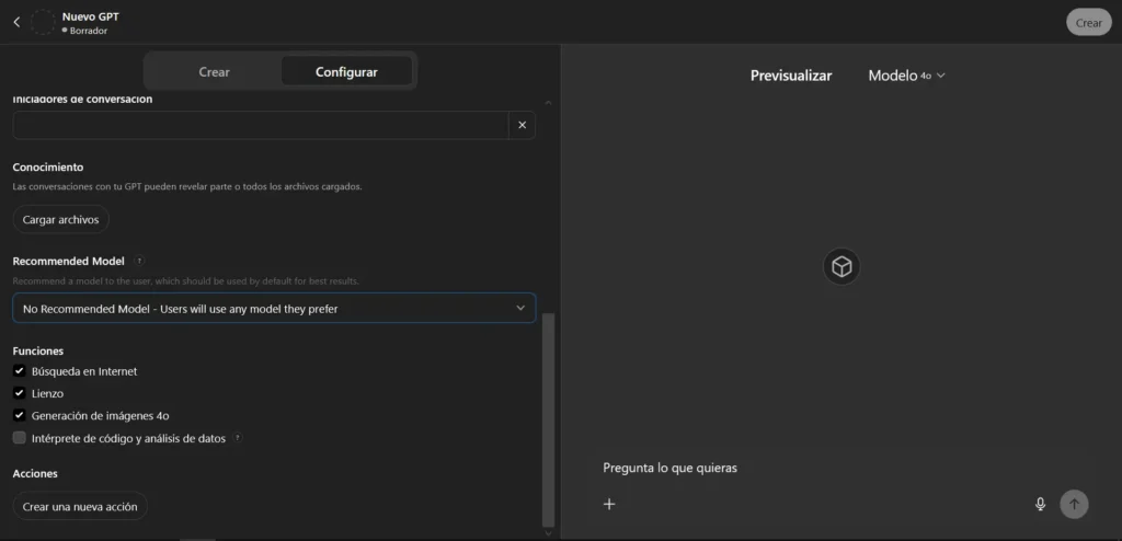 modo configurar para la creación de gpts personalizados en chatgpt