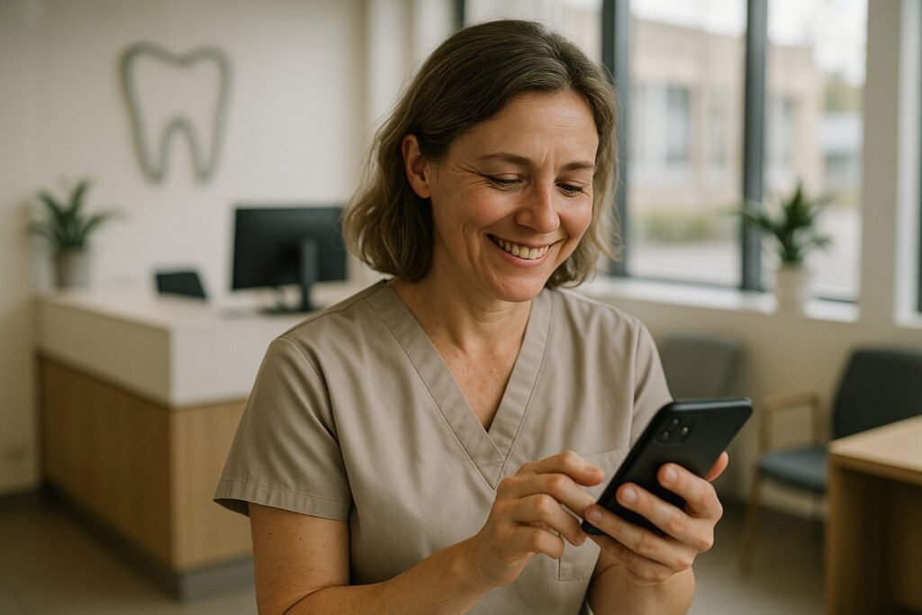 Recepcionista de clínica dental gestionando citas con un chatbot para clínicas dentales