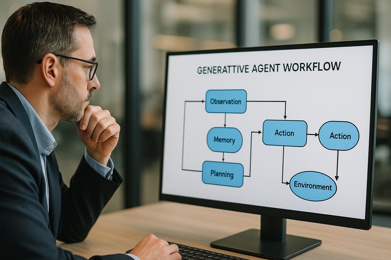 profesional analizando el flujo de trabajo de un agentes IA generativa en pantalla 2026