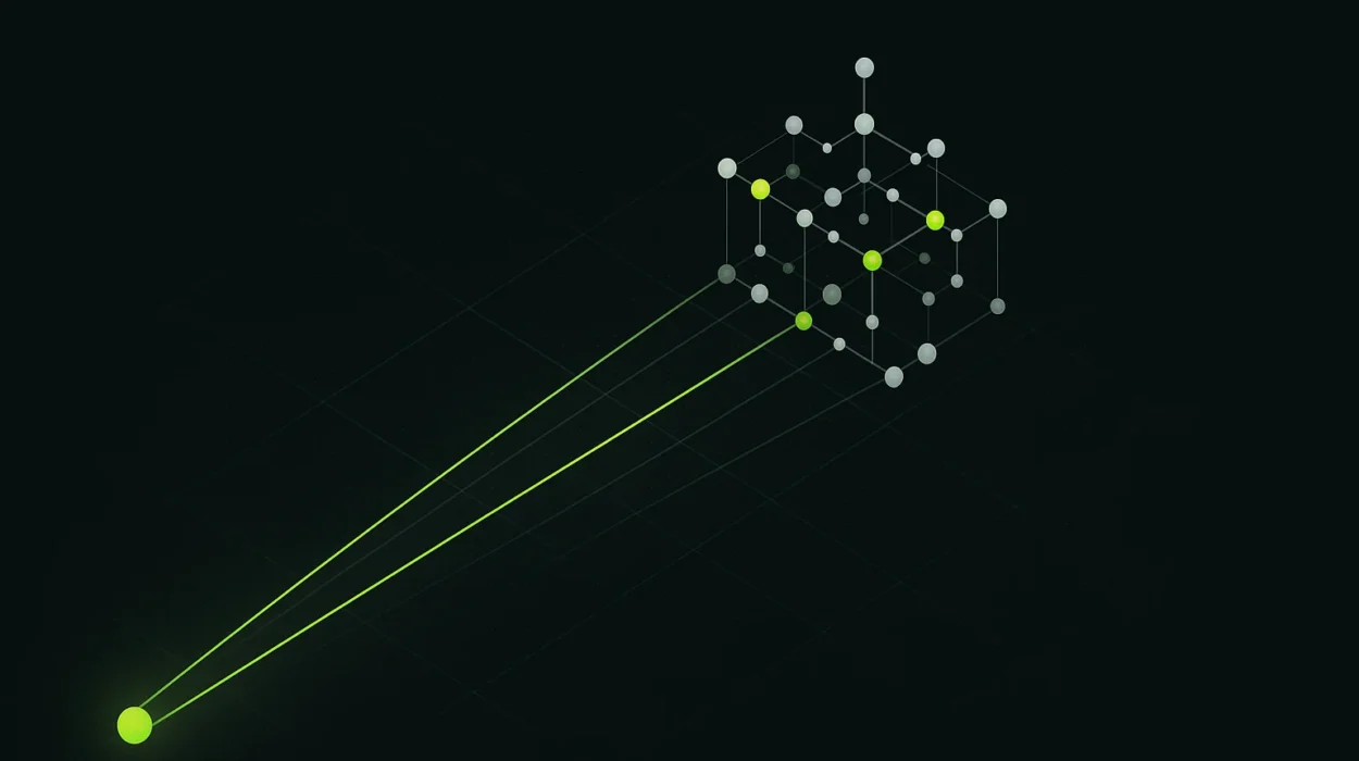 Ilustración conceptual de una base de datos vectorial con vectores en espacio multidimensional y búsqueda por similitud