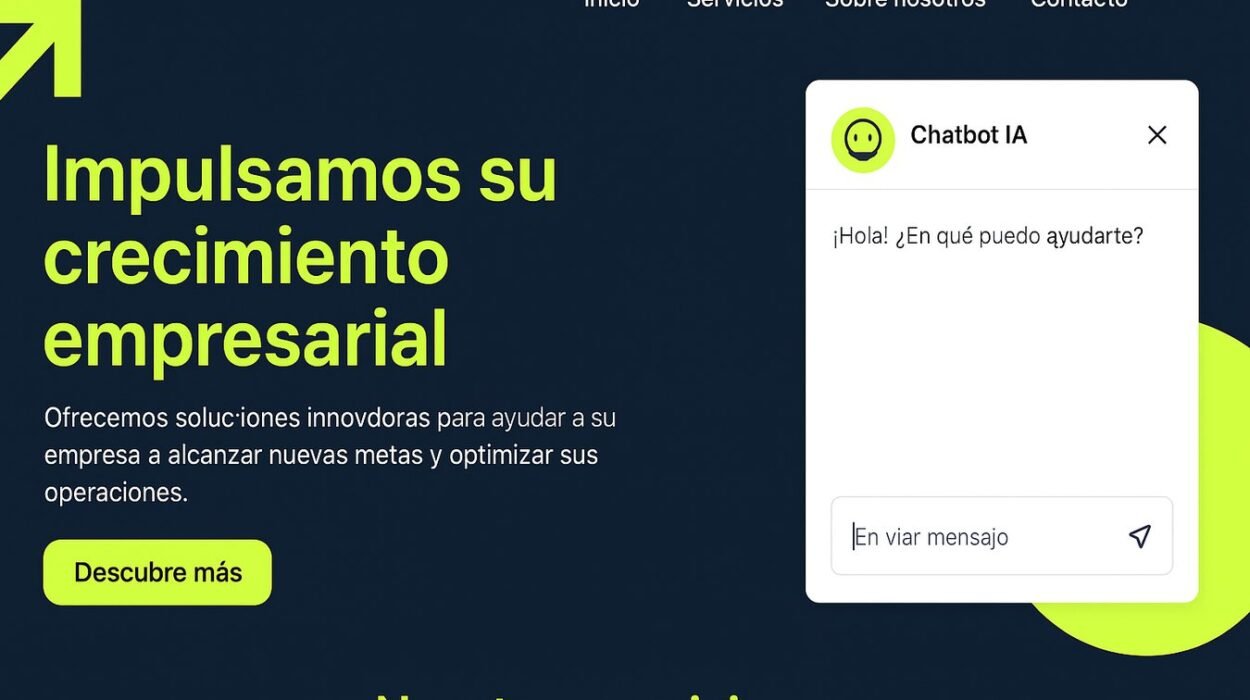 Chatbot para página web con IA respondiendo consultas de clientes en tiempo real, interfaz de chat flotante en web corporativa