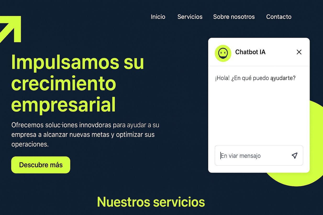 Chatbot para página web con IA respondiendo consultas de clientes en tiempo real, interfaz de chat flotante en web corporativa