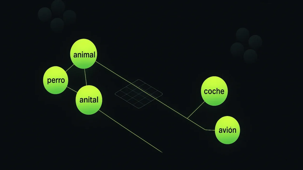 Ilustración conceptual de embeddings semánticos mostrando palabras agrupadas por significado en un espacio vectorial