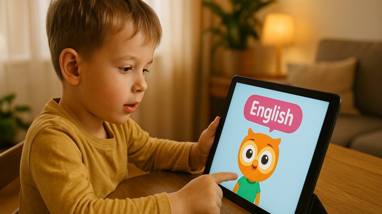 niño usando tablet con app de IA para aprender inglés en 2026 — Buddy.ai y Khan Academy Kids