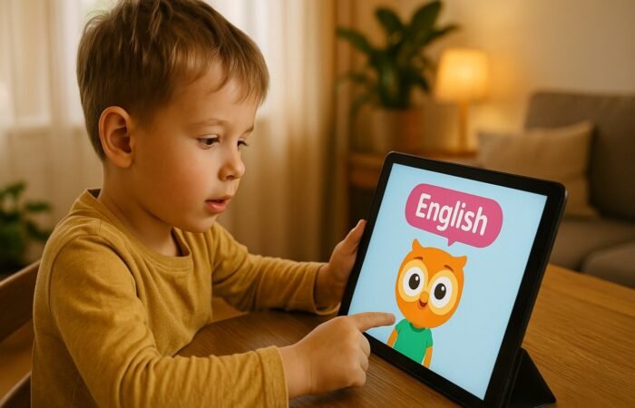 niño usando tablet con app de IA para aprender inglés en 2026 — Buddy.ai y Khan Academy Kids