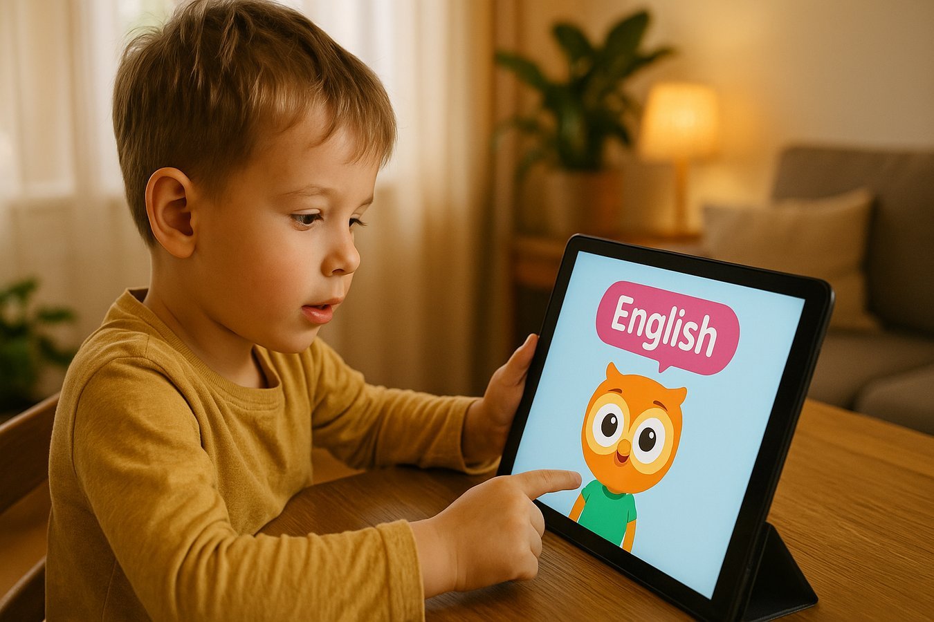 niño usando tablet con app de IA para aprender inglés en 2026 — Buddy.ai y Khan Academy Kids