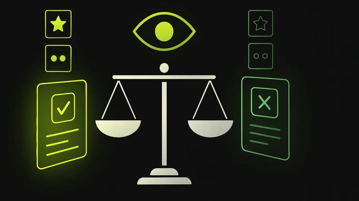 Ilustración conceptual de LLM as Judge evaluando respuestas con una balanza simbólica y métricas