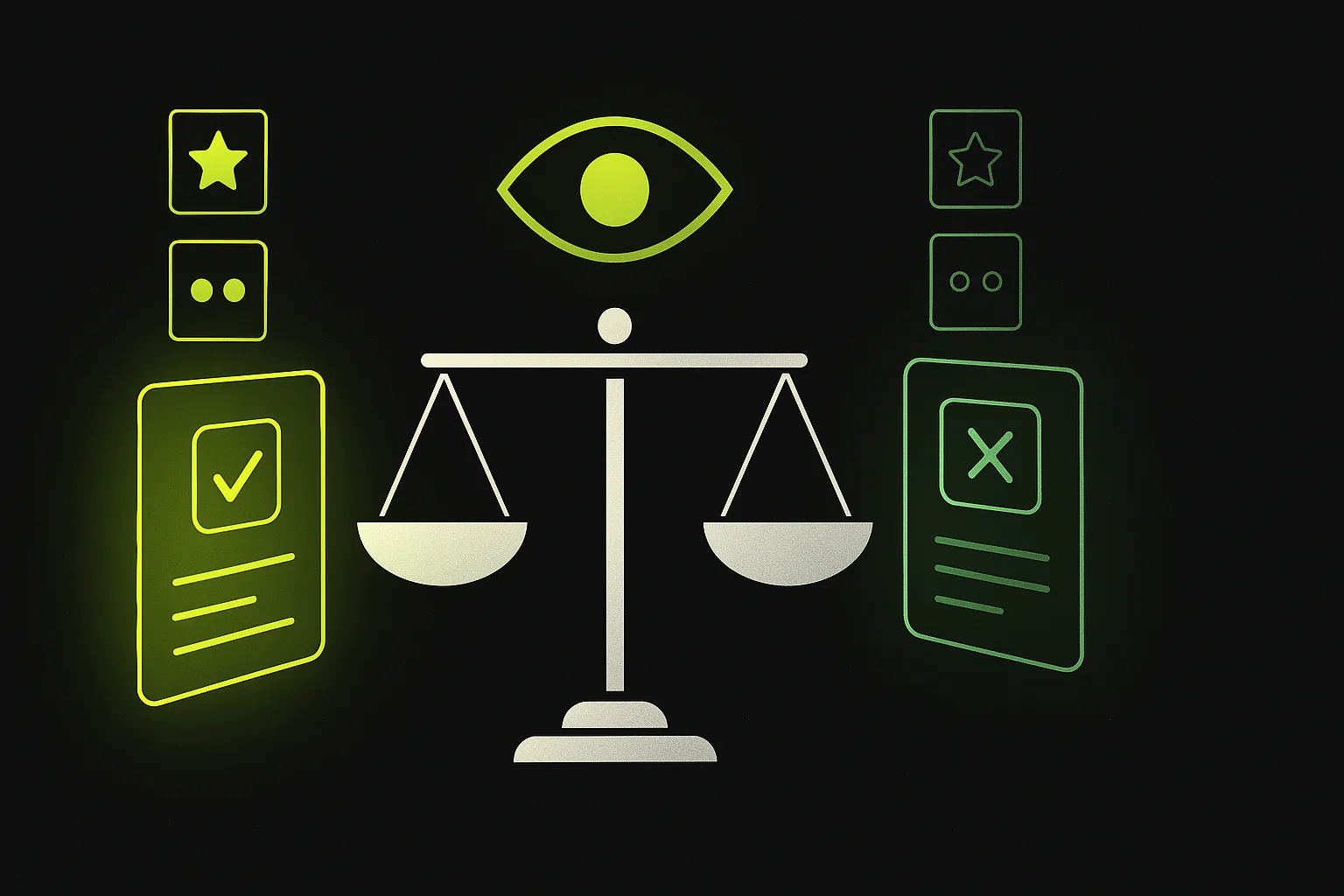Ilustración conceptual de LLM as Judge evaluando respuestas con una balanza simbólica y métricas