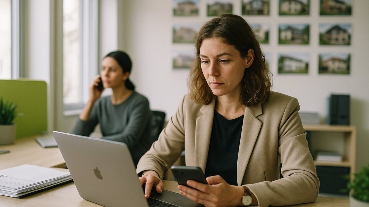 Agente inmobiliaria con IA revisando leads en su oficina con ayuda de IA para inmobiliarias