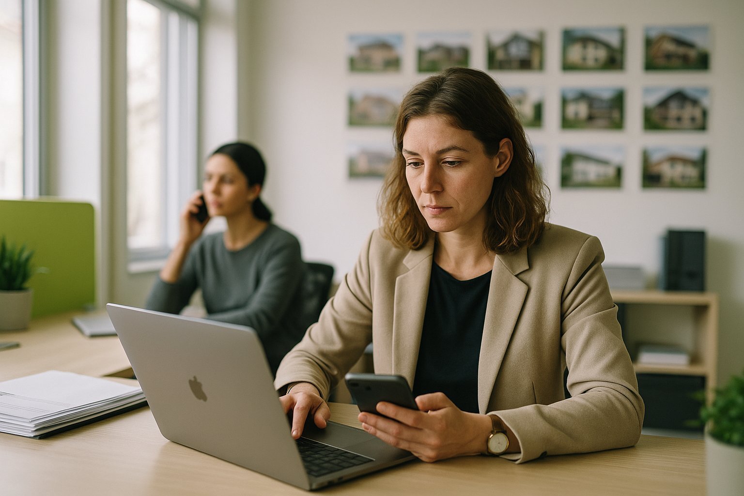 Agente inmobiliaria con IA revisando leads en su oficina con ayuda de IA para inmobiliarias
