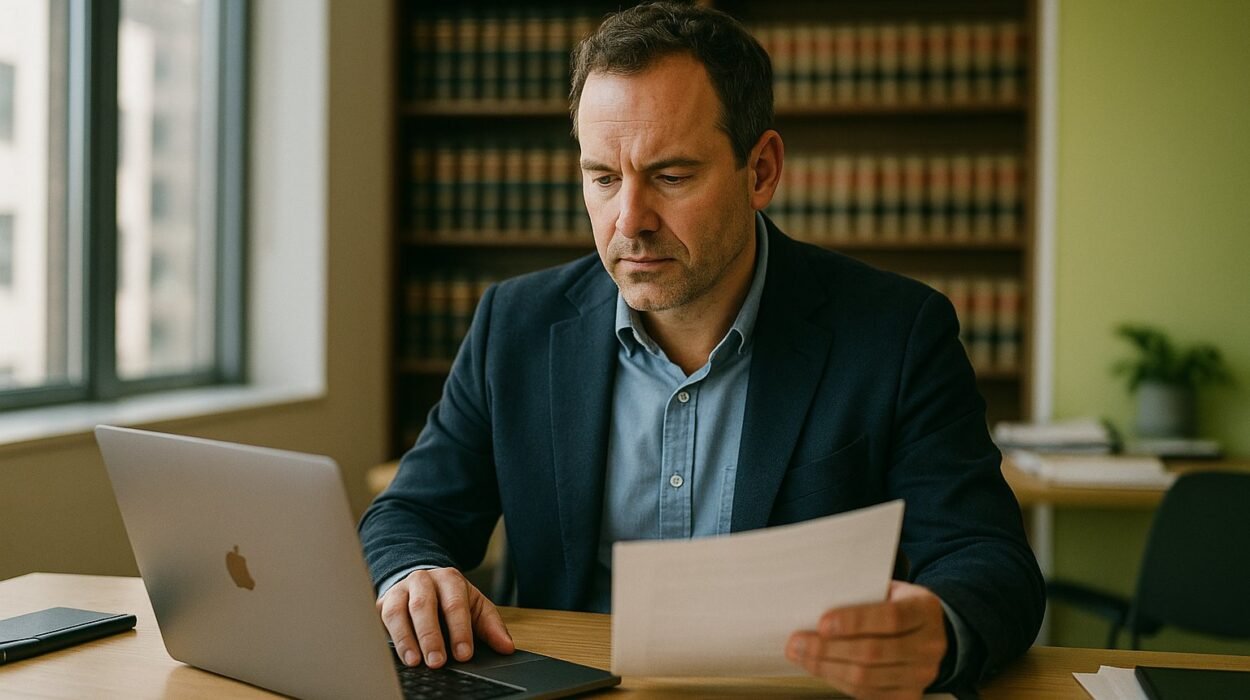 Abogado trabajando en su despacho de abogados con ia con ayuda de IA para abogados