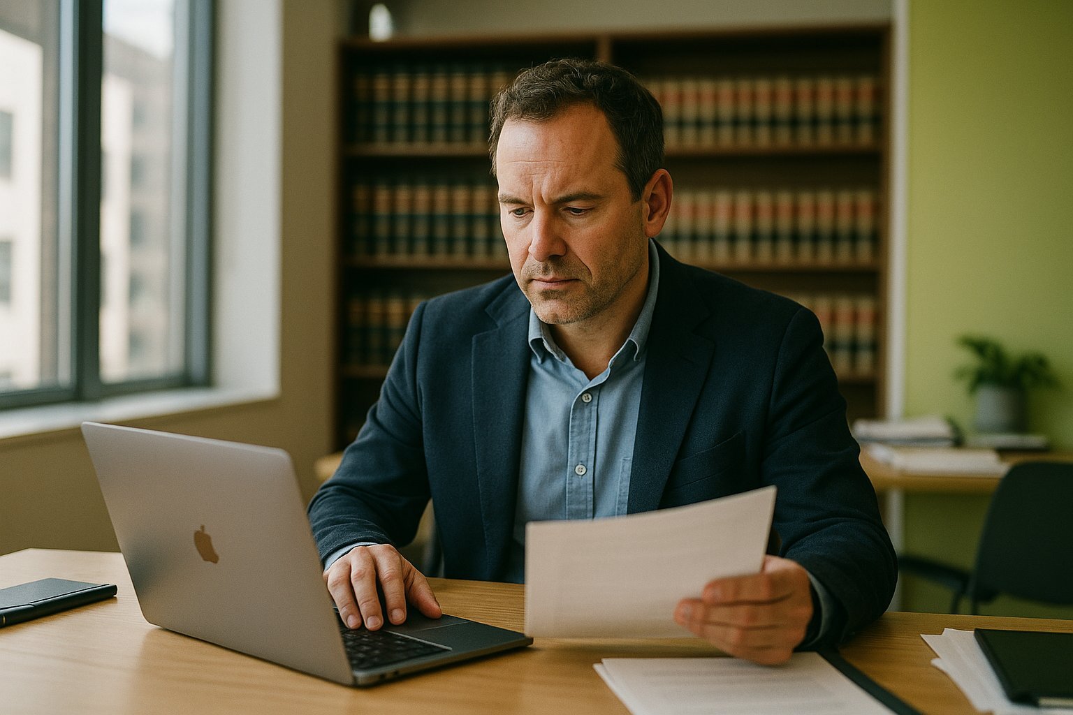 Abogado trabajando en su despacho de abogados con ia con ayuda de IA para abogados