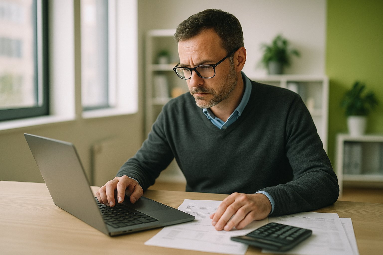 Asesor contable revisando facturas con ayuda de IA para mejorar sus finanzas y contabilidad con IA
