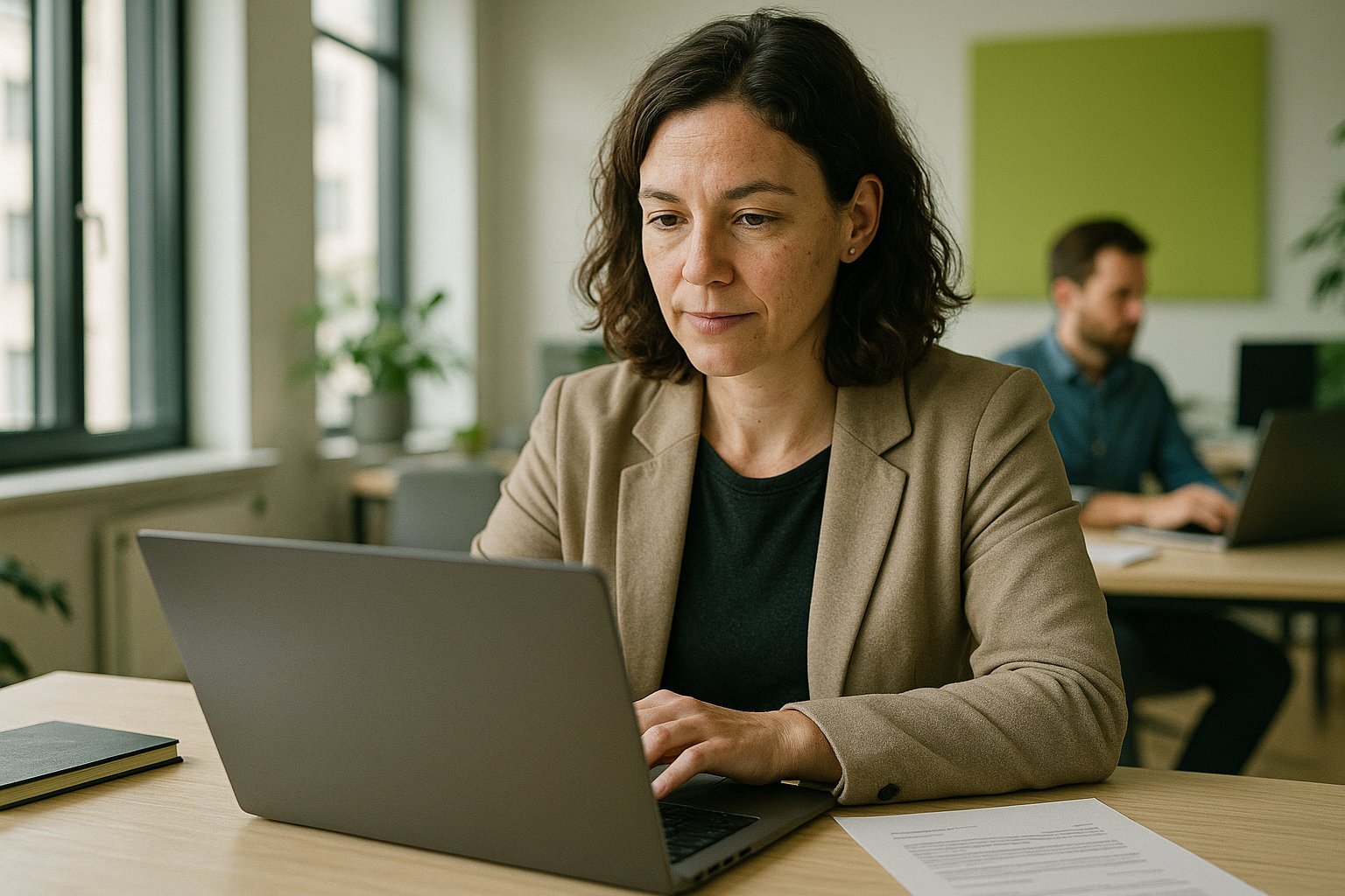 Profesional de RRHH revisando currículums con ayuda de IA en recursos humanos