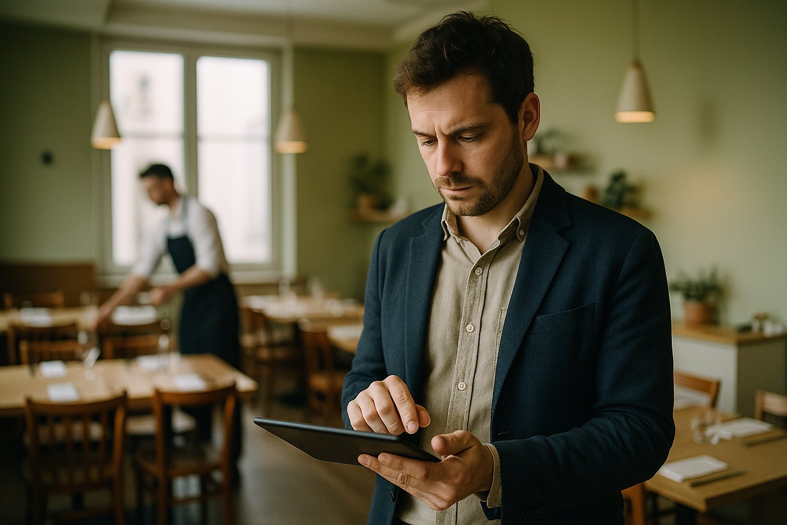 Dueño de restaurante gestionando las reservas con IA para restaurantes